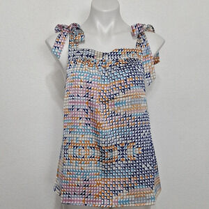 THML Babydoll Lightweight Preppy Multicolor Geometric Pattern Peasant Blouse M